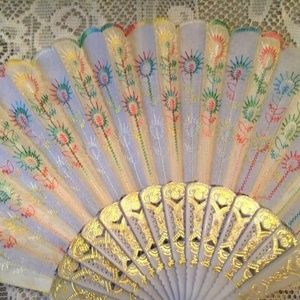 Pretty Vintage Hand Fan Delicate Colorful Design